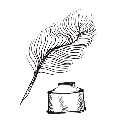 A drawing of a quill pen and inkwell used for writing