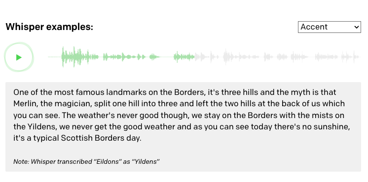 Image of the Whisper AI demo transcribing audio of a speaker with a heavy accent